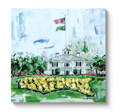 a painting of a white house with a flag on the roof and flowers in front