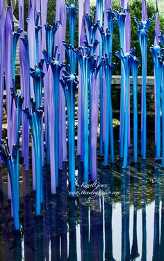 many blue glass sculptures are in the water