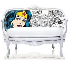 a white bench with an image of wonder woman on it