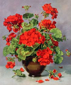 a painting of red flowers in a vase