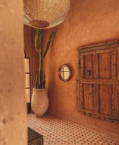 a potted plant sitting on top of a tiled floor next to a wooden door