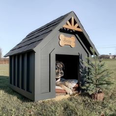 a dog is sitting in his kennel next to a christmas tree and a small pine tree