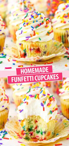 homemade funfetti cupcakes with white frosting and sprinkles