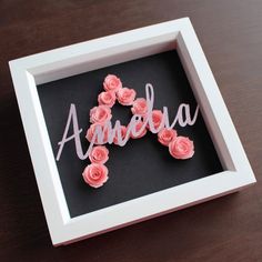 a white frame with pink flowers and the word aroha written in cursive writing