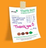 a thank you note attached to a bulletin board with the words thank you written on it