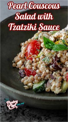 pearl couscous salad with tasty sauce in a black bowl