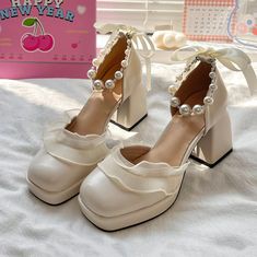 Fabric Material: Pu Color: Black, Beige Heel Height: 8cm/3.15" Sku: SE22645 Korean Shoes, Beaded Bow, Prom Outfit, Coquette Fashion, Halter Dress Short, Wishlist 2024, Kawaii Shoes