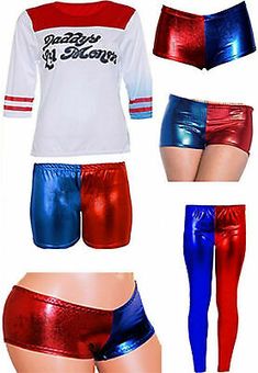 women's shiny shorts and top with red, blue, and silver color blocking