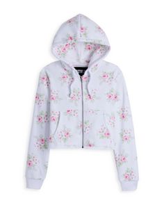 KatieJnyc Girls' Floral Crop Zip Hoodie - Big Kid Spring Streetwear Sweatshirt, Spring Fitted Loungewear Sweatshirt, Spring Fleece Stretch Hoodie, Fitted Casual Hoodie For Spring, Cute Spring Hoodie Outerwear, Spring White Fitted Sweatshirt, Spring Fleece Top With Drawstring Hood, Spring Fleece Hooded Top With Drawstring, White Fleece Sweatshirt For Spring