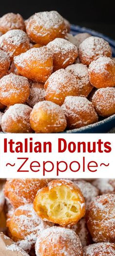 italian donuts are piled on top of each other with powdered sugar sprinkles