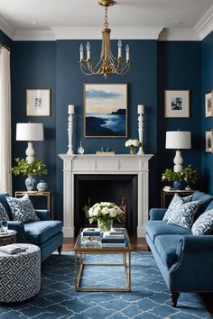 a living room with blue couches and white fireplace mantels in the corner