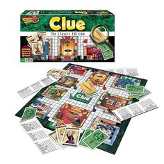 the clue board game is shown with its contents