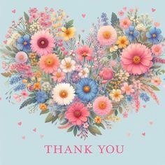 a thank you card with flowers and hearts on it's side, in blue background