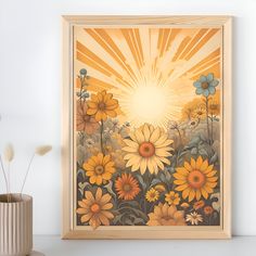 a painting with sunflowers in the foreground