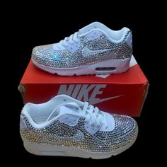 Welcome, Nike Airmax 90’s White Bling Ticks Design With Luxe Diamond Crystals, Made To Last Permanent Design! Colours:Crystal Diamond & White All Colours Available Please See Colour Chart Attached, Brand New In Box Nike Airmax 90’s Triple White Original & Ribbon Lace’s Included Sizes In Usa Women’s 6 6.5 7 7.5 8 8.5 9 9.5 10 10.5 11 11.5 12 12.5 13 To Order; Can Also Be Made In Black Please See Colour Chart Attached To Change Colour Way Or Add Additional Colours Please Add To Bundle For Any Chan Glitter Nike Shoes, Diamond Sneakers, Airmax 90s, Glitter Nikes, Nike Airmax 90, Air Max 90 Women, Nike Free Run 2, Usa Women, Nike Retro