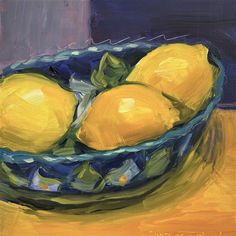 a painting of lemons in a blue bowl