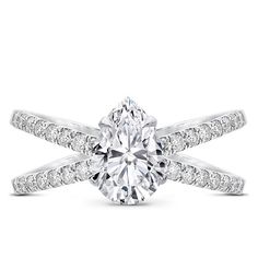 a diamond engagement ring with two rows of diamonds on the band and an oval shaped center stone