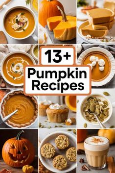 pumpkin desserts and pies with text overlay that reads, 13 pumpkin recipes