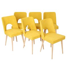 six yellow chairs with wooden legs on a white background