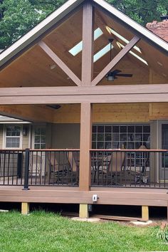 gable roof porch design Kansas City area Deck Metal Roof, Freestanding Covered Deck, How To Build Roof Over Deck, Gable Covered Deck, Screened In Deck Addition, Covered Deck Ideas On A Budget Roof, Deck Gable Roof Ideas, Raised Back Porch Ideas Covered, Adding A Roof To A Deck