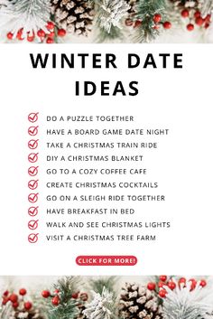 the winter date ideas list with pine cones and berries