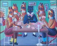 a painting of cats playing cards at a table with other cats in the room behind them