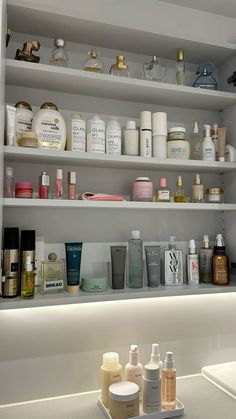 the shelves are filled with many different types of beauty products