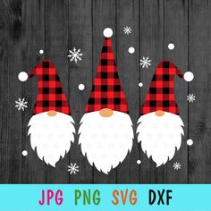 three gnomes with red and black plaid hats