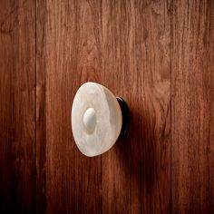 a wooden door with a white knob and black handle on the front part of it