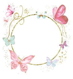 a circular frame with pink and blue butterflies on it's sides, surrounded by gold glitter