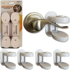 six white door handles and four sets of knobs for bathroom doors with levers