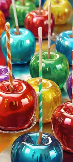 Colored Candy Apples, Aesthetic Fruits, Toffee Apples, Jelly Wallpaper, Android Wallpaper Art, Happy Wallpaper, Toffee Apple, Dreamy Artwork