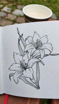 an open book with a drawing of lilies on the page next to a cup of coffee