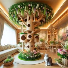 a cat sitting on the floor in front of a living room filled with furniture and flowers