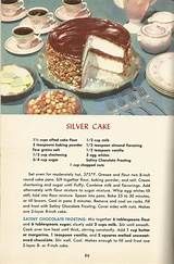 an advertisement for silver cake with chocolate frosting and nuts on the bottom, surrounded by other desserts