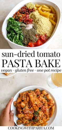 sun dried tomato pasta bake with spinach and other ingredients in a white bowl