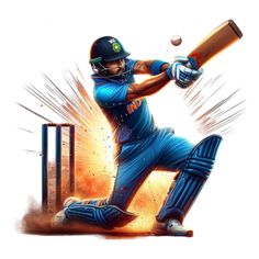 a painting of a cricket player hitting the ball with his bat and wearing a helmet