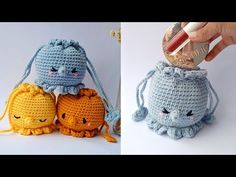 crocheted stuffed animals sitting next to each other