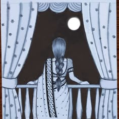 a drawing of a woman sitting on a balcony looking out the window at the moon