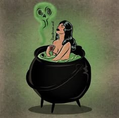 a woman sitting in a caulder filled with green liquid and spooky eyes