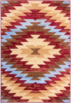 an area rug with red, brown and blue colors