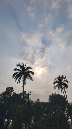 the sun is setting behind some palm trees