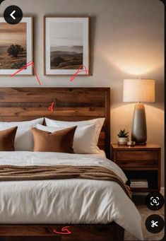 a bed with two pictures on the wall above it