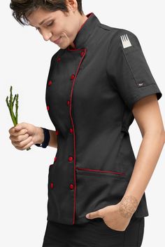 Women's modern fit short sleeve chef coat has back ties for an adjustable fit. Two front pockets carry your belongings while the double pocket on the left sleeve holds your thermometer or pens. Fabric covered buttons complete this look. Made of soft, easy care 65/35 poly/cotton. Approximate length for size Medium is 27 ½". • Modern fit • Stand collar • Double breasted • Fabric covered button closure • Total of 3 pockets • 2 front slant pockets • 1 left sleeve pocket • Short sleeves • Back ties • Chef Coats, Chef Uniforms, Bistro Apron, Chef Wear, Chef Uniform, Compression Wear, Female Chef, Chef Coat, Black Hot Pink