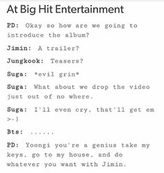 a screen shot of a text message with the words at big hit entertainment on it