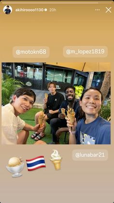 three people sitting in front of an ice cream cone