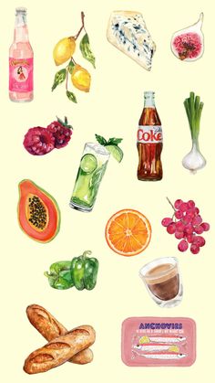 a painting of various foods and drinks on a white background, including oranges, grapes, watermelon, kiwi, grapefruit