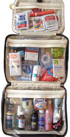 two open suitcases filled with different types of medicine and hygiene products on top of each other