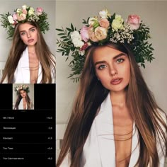 a woman with flowers in her hair wearing a white jacket and flower crown on her head