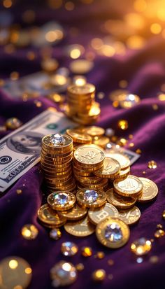 a pile of gold coins sitting on top of a purple cloth